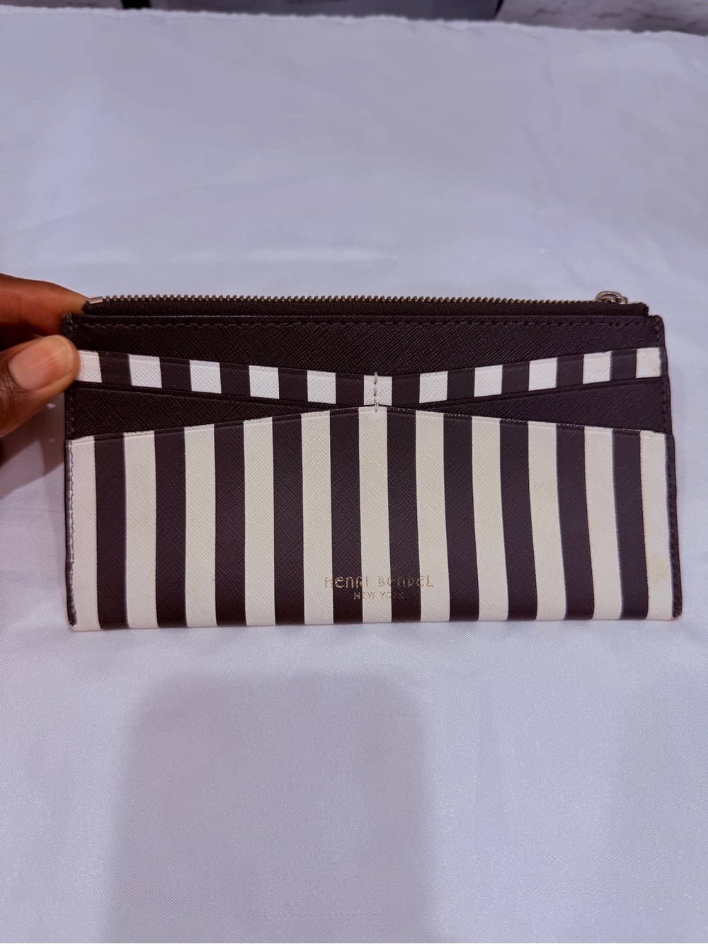 Vintage Henri Bendel Brown and White Striped Zip Card Wallet